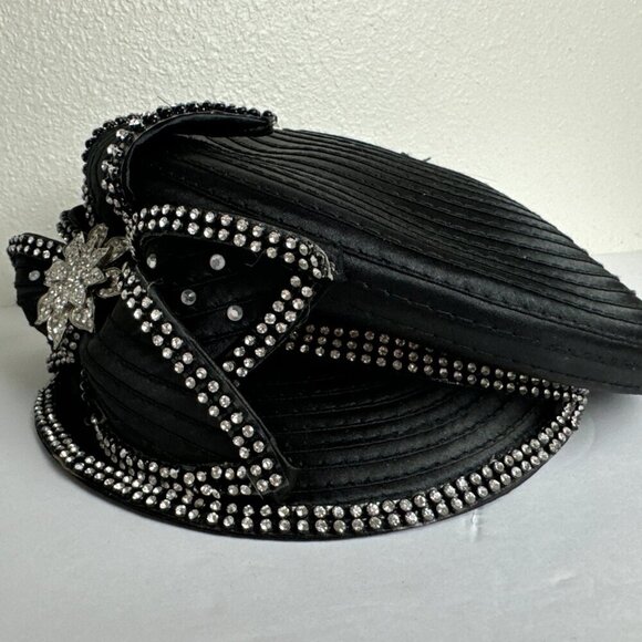 Satin Black Beret Cap Hat  w / Rhinestones main image 8